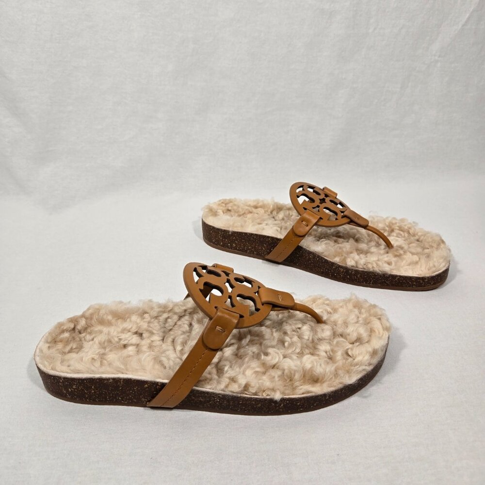 TORY BURCH Caramel MILLER CLOUD Shearling Leather Thong Slip-On Sandal Size 9.5M - Picture 1 of 17